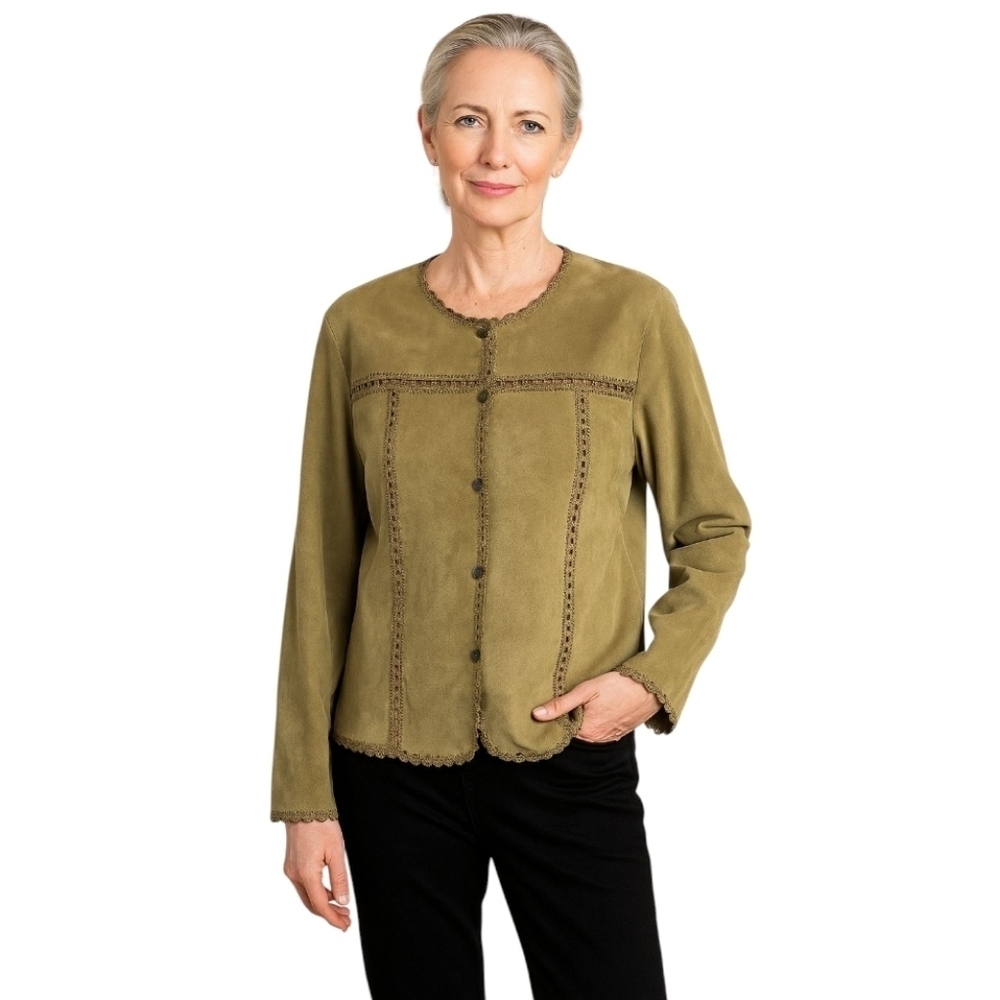 Sigrid Olsen Women's 100% Suede Crochet Trim Button Up Sage Jacket Size Large